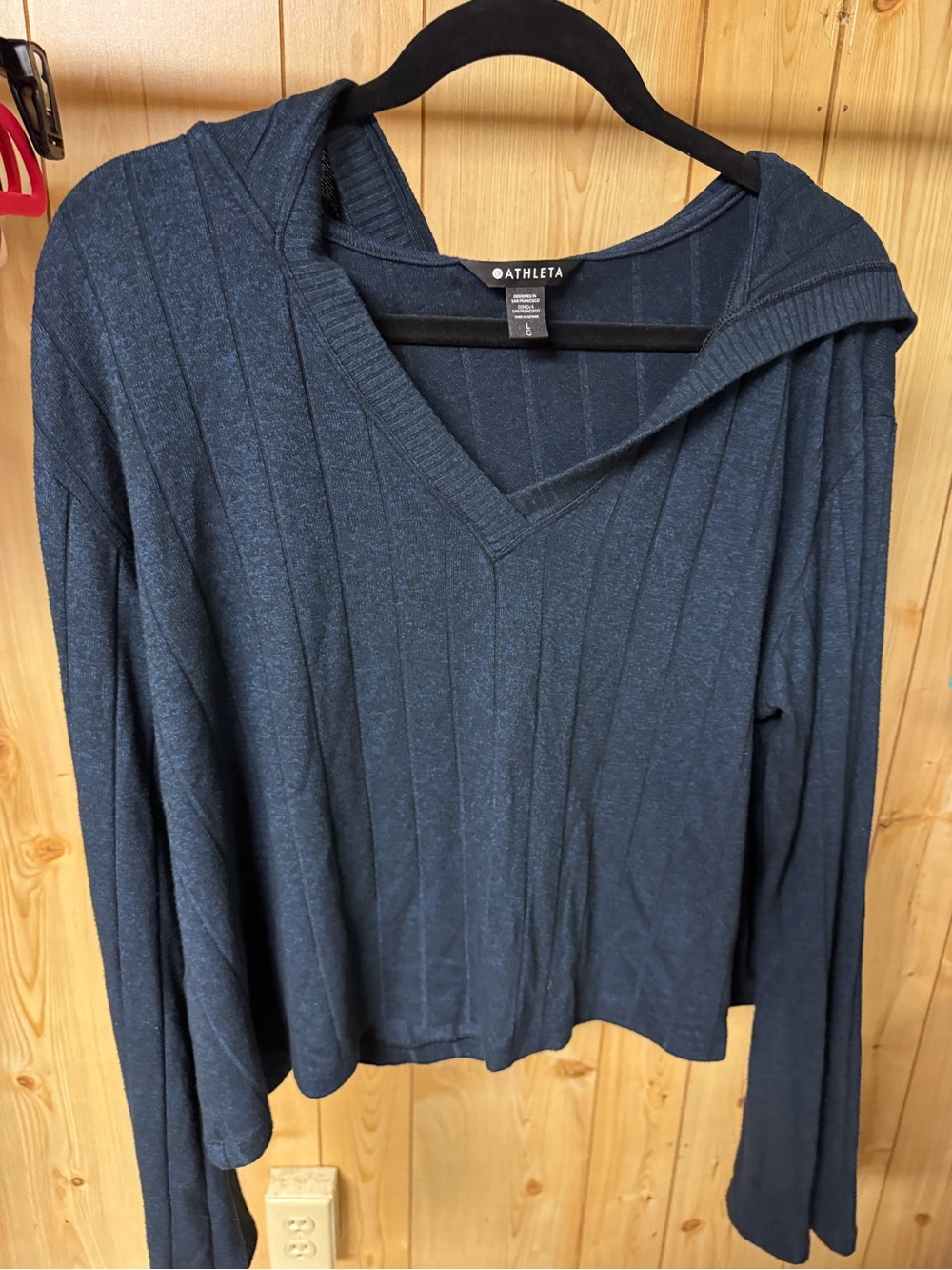 Athleta Dark Navy Ribbed V-Neck Hooded Sweater